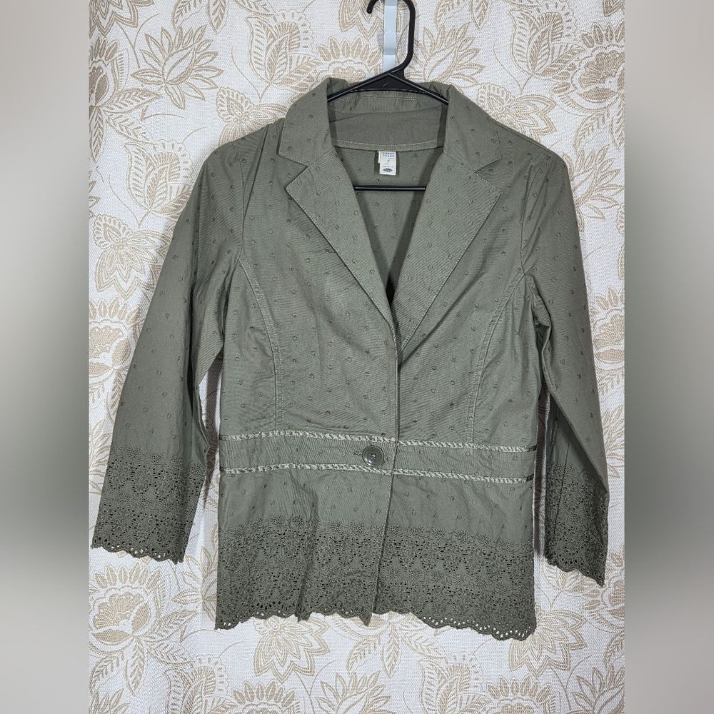 VTG OLD NAVY ARMY GREEN JACKET BLAZER SMALL EYELET 100% COTTON Y2K EMBROIDERY